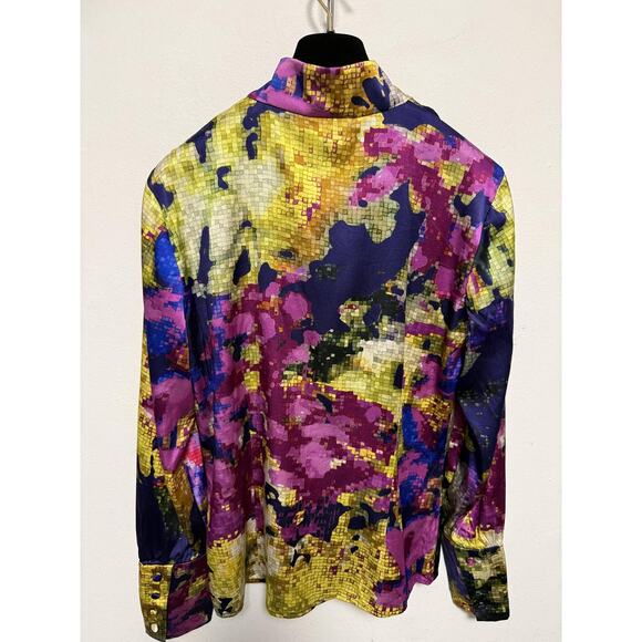 St. John Blouse Womens 8 Cobalt Celadon Multi Silk Ruffle Abstract Top K311WD1 - Picture 4 of 15